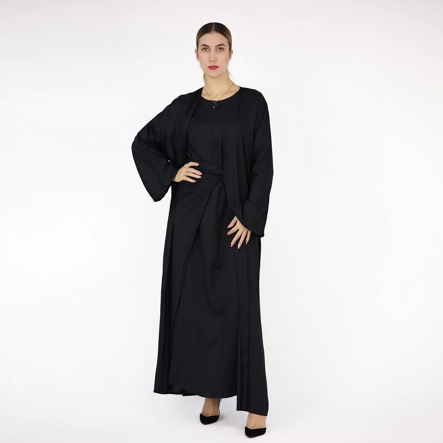 Fashion Muslim Kimono Abaya Cardigan Ramadan Dubai Turkey Eid Dress Islamic Loose Comfortable Solid Three Piece Set for Women