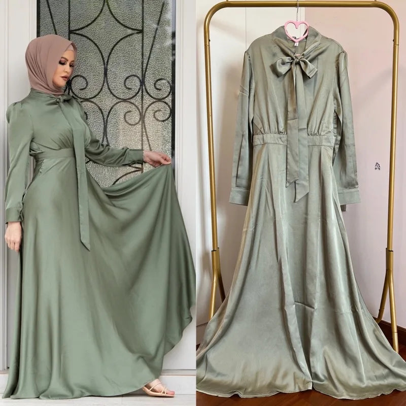 Eid Ramadan Dubai Muslim Turkish Satin Abaya Jalabiya Women Moroccan Caftan Party Maxi Dress Arab Kaftan Ribbon Robe Gown Abayas