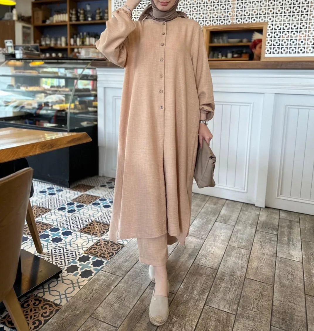 Muslim Dress for Women Blouse 2 Piece Set Long Sleeve Abaya Shirt Wide Leg Pant Suits Arabic Dubai Dresses Musulman Ensembles