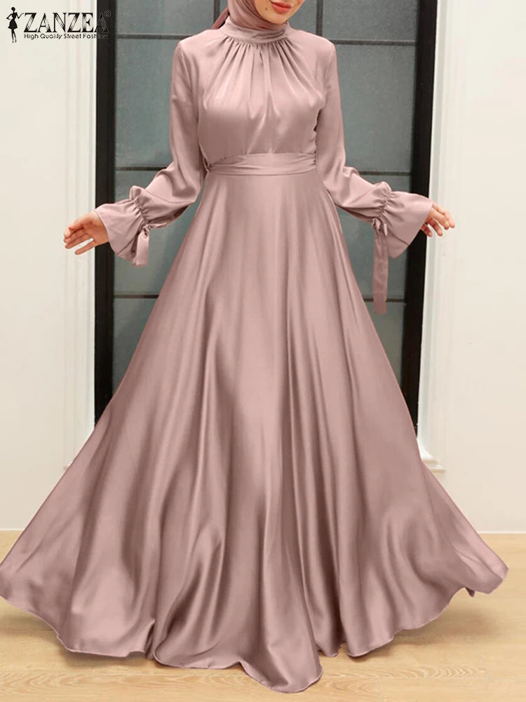 ZANZEA Muslim Fashion Satin Long Dresses Women Elegant Cinched Waist Long Sleeve Hijab Islamic Abaya Robes 2024 Autumn Vestidos