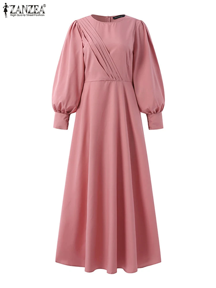 Women Spring Sundress ZANZEA Fashion Solid Muslim Dress Casual Abaya Marocain Turkish Robe Femme Lantern Sleeve Maxi Vestidos