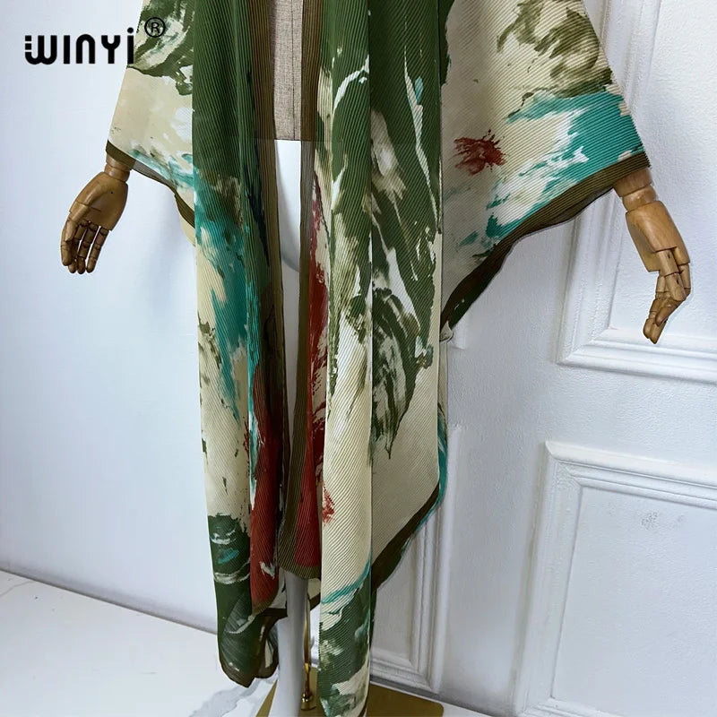 WINYI summer outfit kimono Pleated Tie-dyed print cardigan Beach Wear abaya dubai luxury Holiday beach maxi dress fashion coat