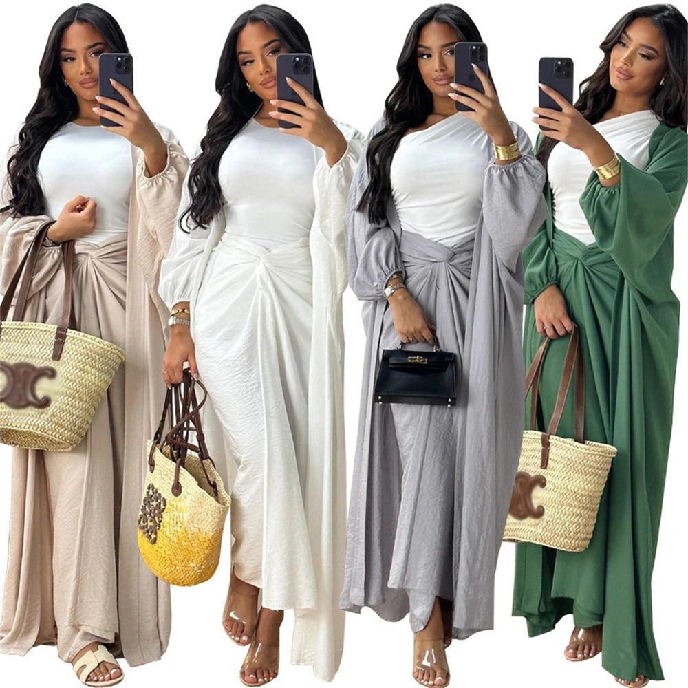 Eid Caftan Marocain Plain 2 Piece Abaya Set Tops Skirt Modest Muslim Sets Abayas For Women Clothing Robe Femme Musulmane Kaftan