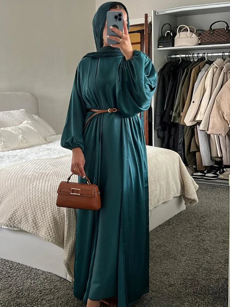 Eid Muslim Jalabiya Dress for Women Satin Abaya 2 Piece Set Ramadan Long Dresses Abayas Woman Belt Robe Caftan Vestidos Largos