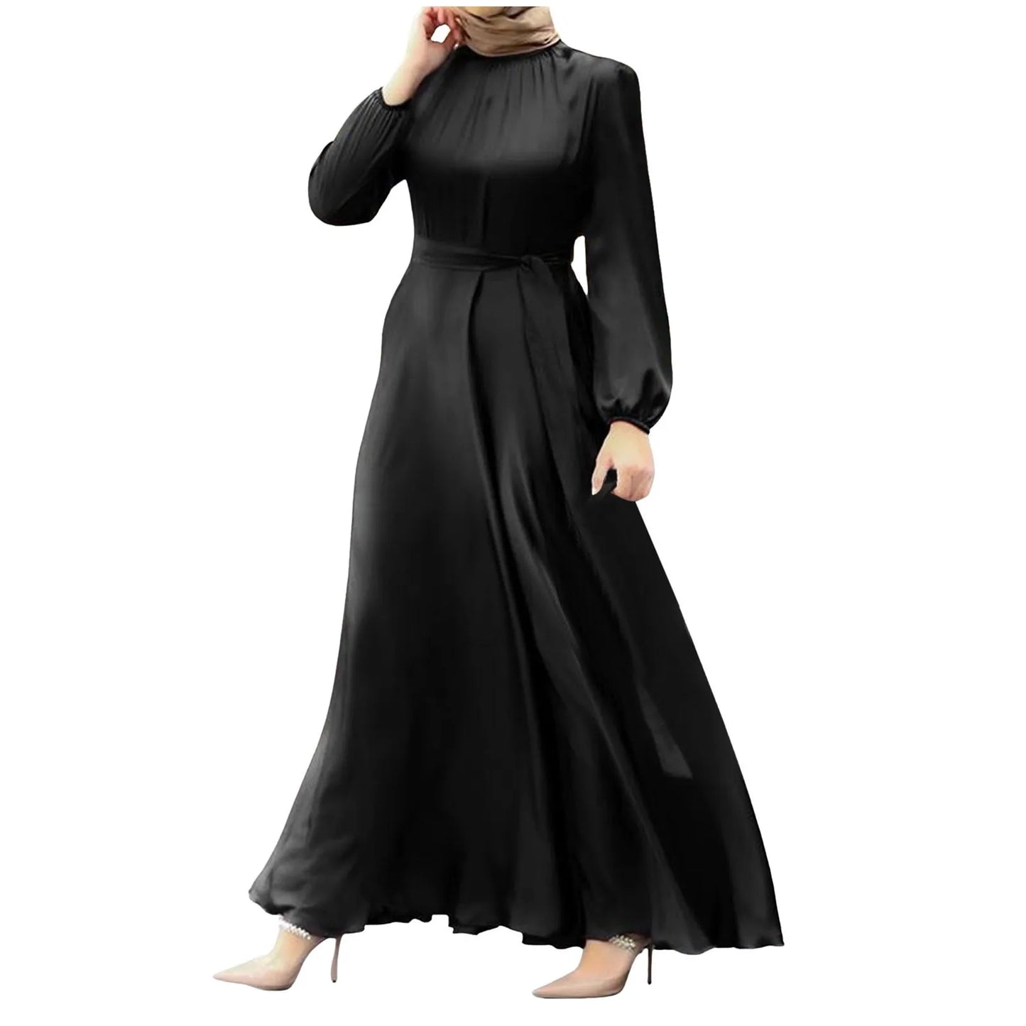 Women'S Muslim Party Solid Satin Maxi Dress 2024 Summer Chic Elegant Puff Sleeve Robe Casual Holiday Swing Kaftan Ol Dubai Abaya