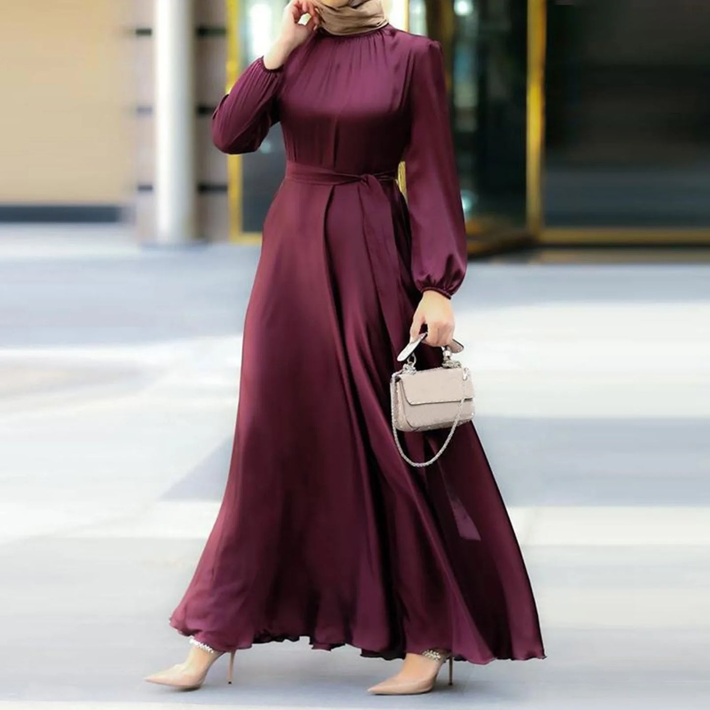 Women'S Muslim Party Solid Satin Maxi Dress 2024 Summer Chic Elegant Puff Sleeve Robe Casual Holiday Swing Kaftan Ol Dubai Abaya