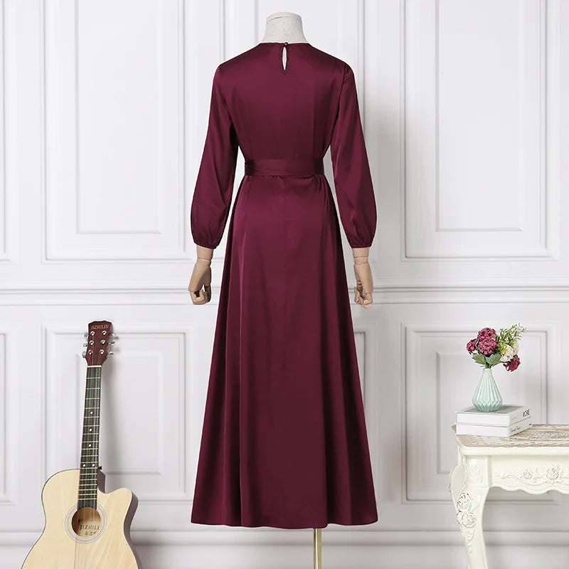 Fashion Muslim Dress Women Satin Party Sundress ZANZEA Puff Sleeve Maxi Vestidos Belted Female Solid Marocain Turkish Robe Femme