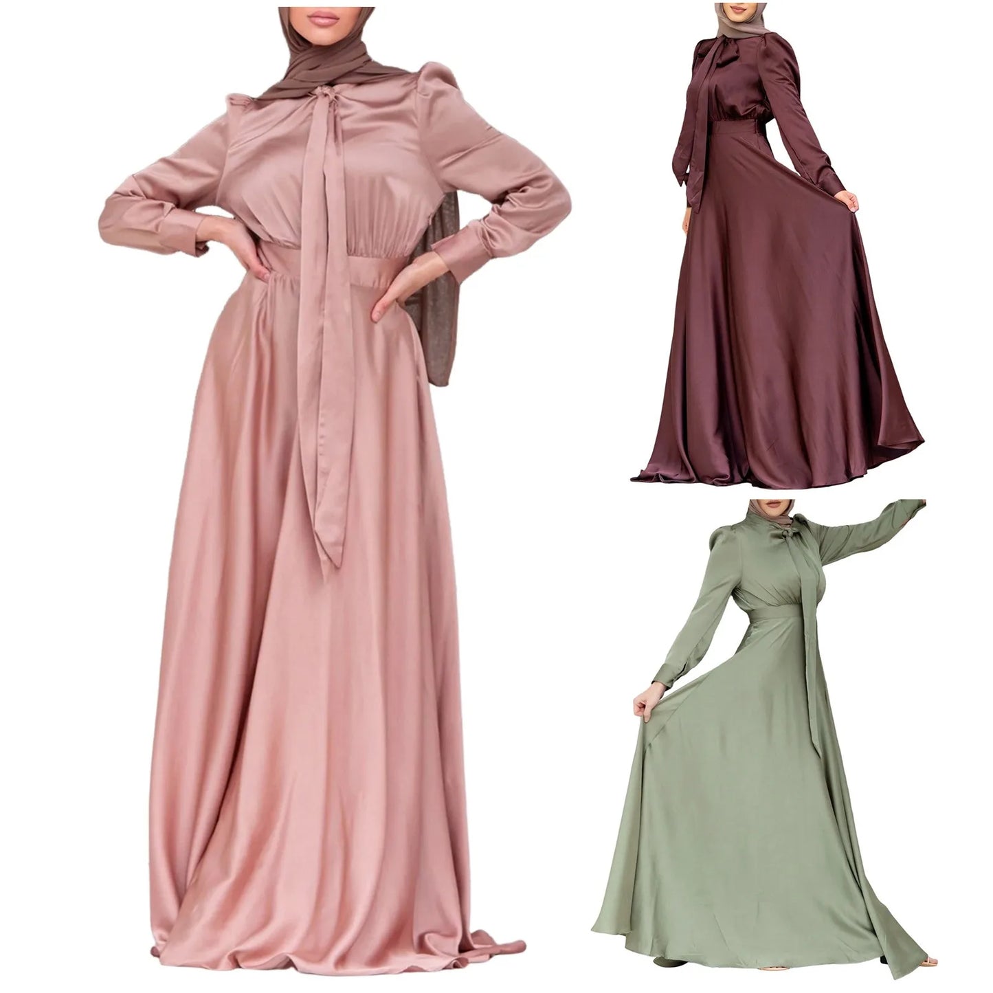 Women's Elegant Temperament Muslim Satin Dress Soft And Stylish Solid Color Long Evening Dress Loose Lace-up Dubai Dress