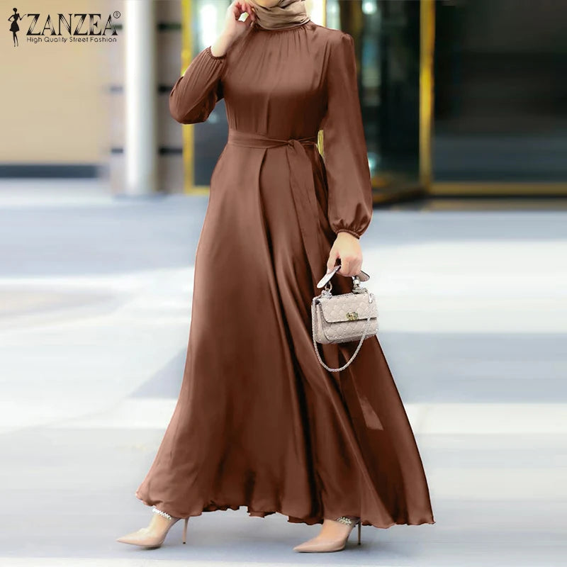 Fashion Muslim Dress Women Satin Party Sundress ZANZEA Puff Sleeve Maxi Vestidos Belted Female Solid Marocain Turkish Robe Femme