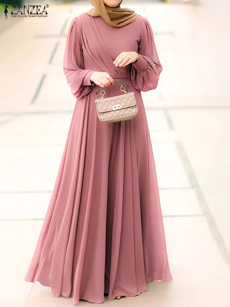 Women Spring Sundress ZANZEA Fashion Solid Muslim Dress Casual Abaya Marocain Turkish Robe Femme Lantern Sleeve Maxi Vestidos