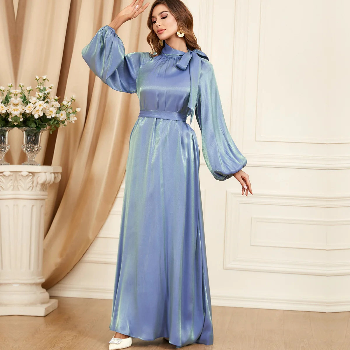 Bow Tie Neck Chic Eid Full Cover Ramadan Gown Puff Sleeve Morocco Muslim Dress Women Abaya Casual Islam Long Robe Femme Vestidos