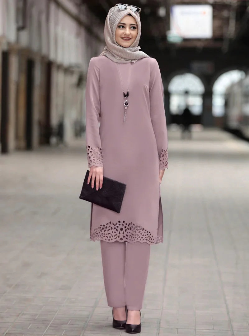 2025 Women Muslim Abaya Sets Fashion Hollow Out Long Sleeve Dreess and Pants Two Pieces Women Islamic Clothing Arab Dubai Kaftan