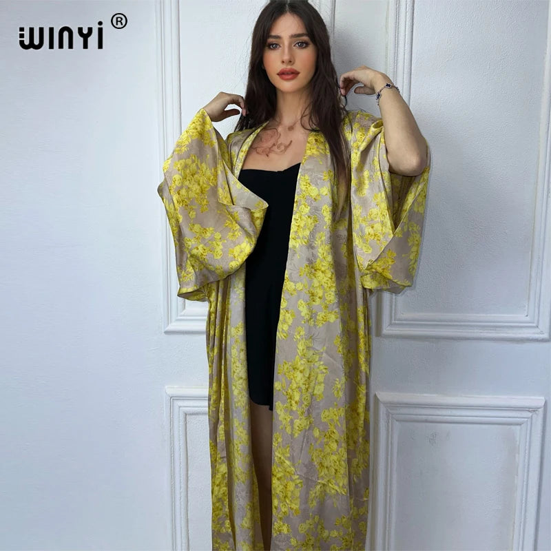 WINYI 2024 High-quality Double-sided Print Silk feel Dress Beach Wear Boho Cardigan abaya women muslim dress Long Sleeve Kimono