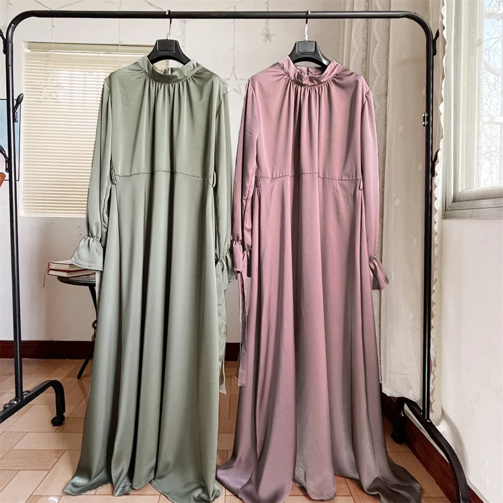 2024 New Eid Modest Satin Khimar Abaya Dubai Luxury Muslim Islam Arabic Abayas For Women Kaftan Hijab Dress Robe Femme Musulmane