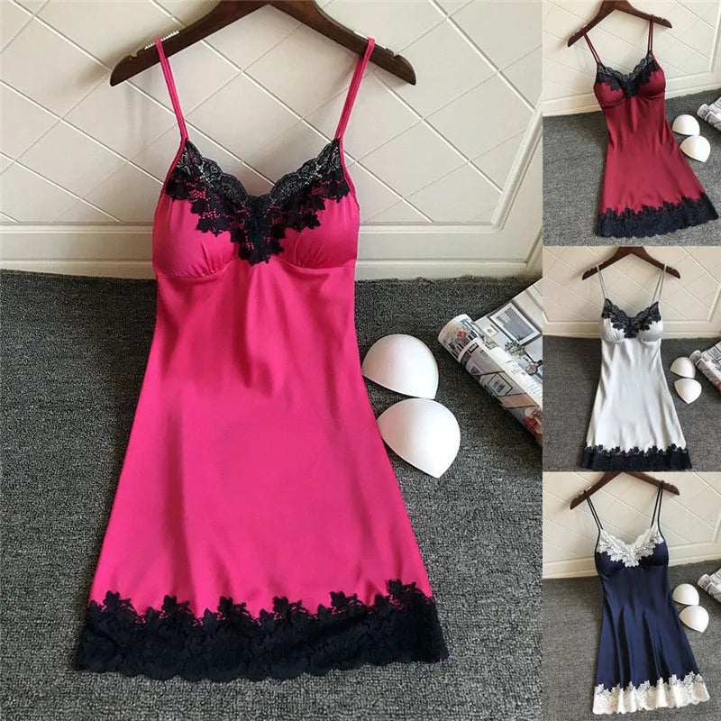 Women's Sexy Lingerie Summer Silk Night Gown Lace Patchwork Mini Night Dress Spaghetti Strap NO Chest Pad Sleepwear For Ladies