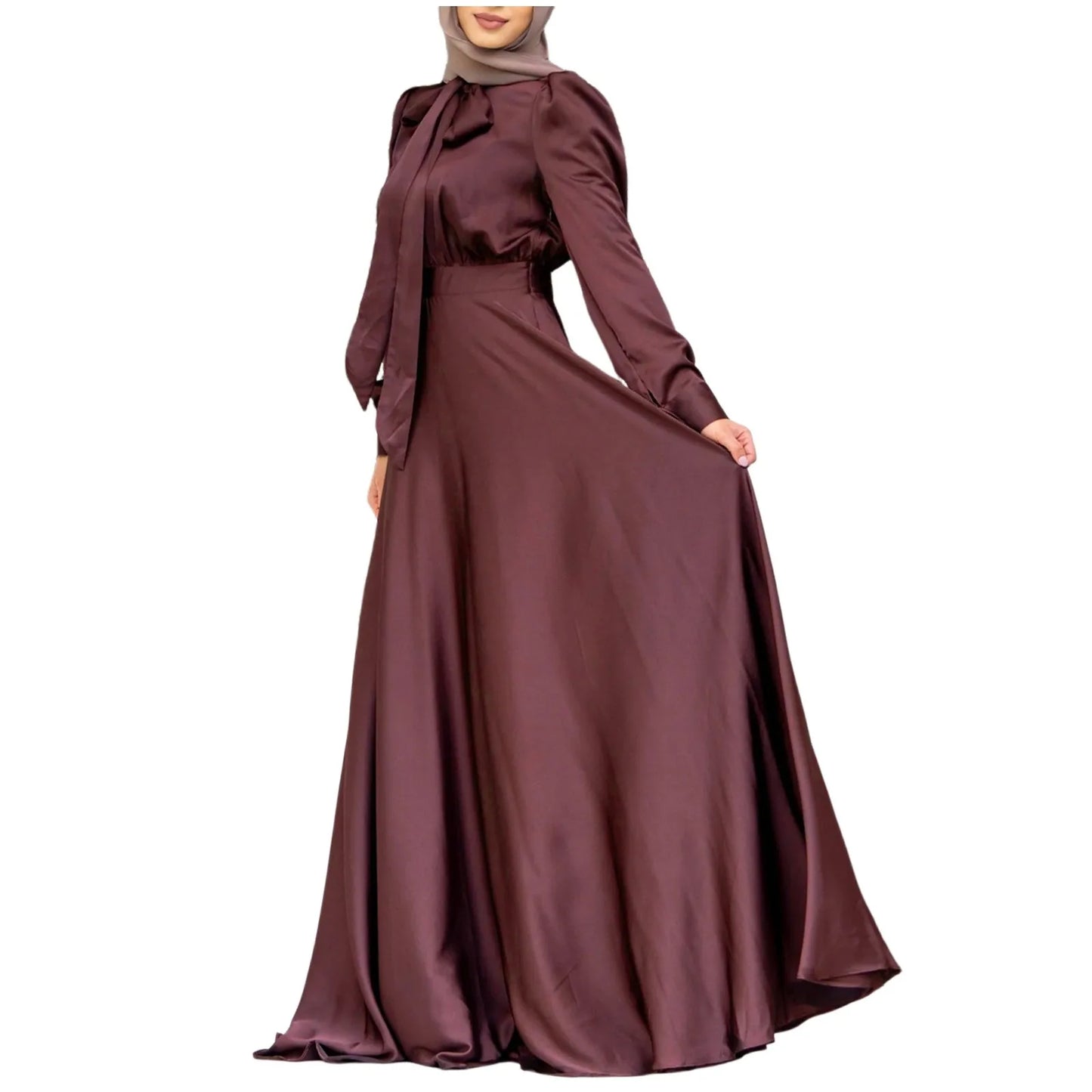 Women's Elegant Temperament Muslim Satin Dress Soft And Stylish Solid Color Long Evening Dress Loose Lace-up Dubai Dress