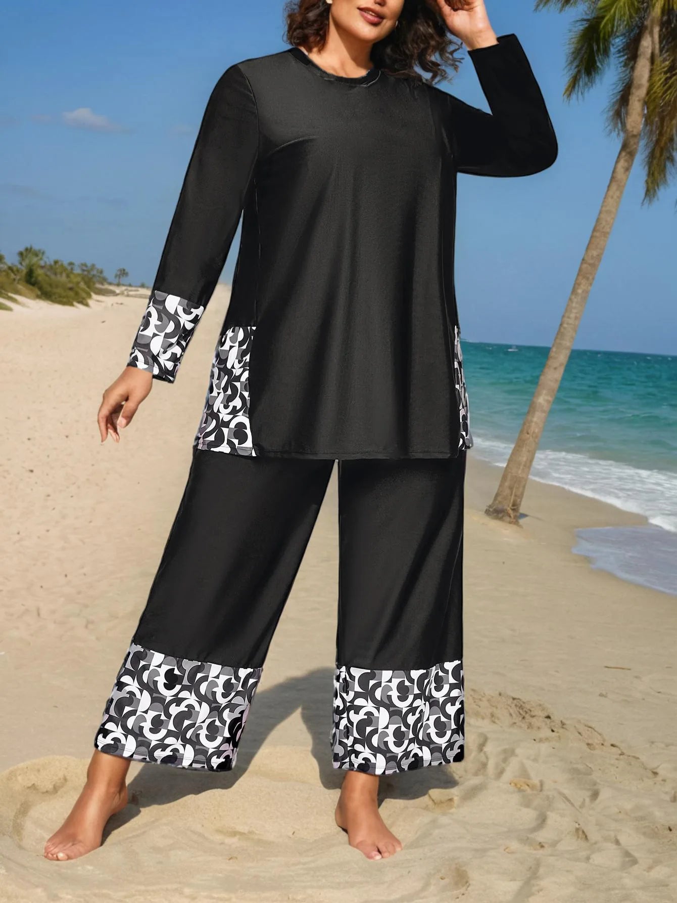 Women Muslim Swimwear Maple Leaf Printing Lslamic Clothes Hijab Long Sleeves Sport Swimsuit Burkinis Bathing Suit Abaya