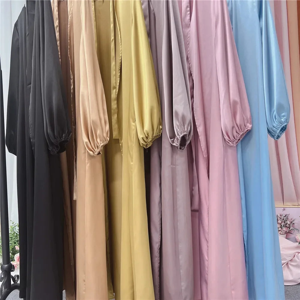 Satin Open Abaya Kimono Turkey BubbleSleeve Plain Abayas for Women Dubai 2023 Muslim Dress Islam Modest Outfit Kaftan Hijab Robe