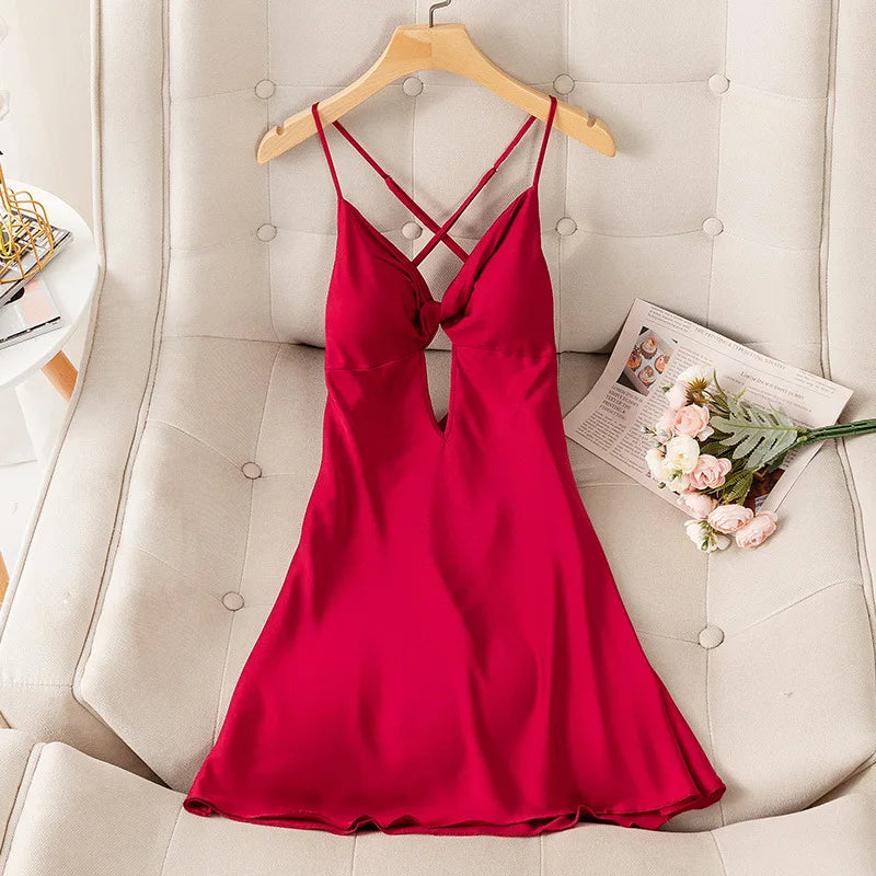 Female Nightdress Sexy Backless Spaghetti Strap Nightgown Sleepwear Spring Summer Nightwear Loose Silk Satin Home Dress Lingerie