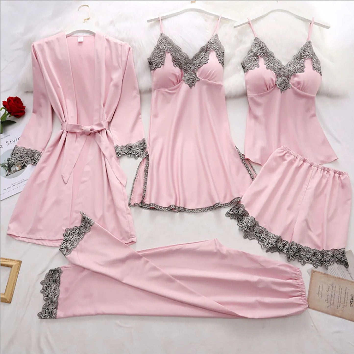 Sleepwear Women Pajama For Sleeping Satin Pajama Set 5pcs Sexy Sleepwear Silky Pajama Set Lace Cami Pjs With Robe Nightwear