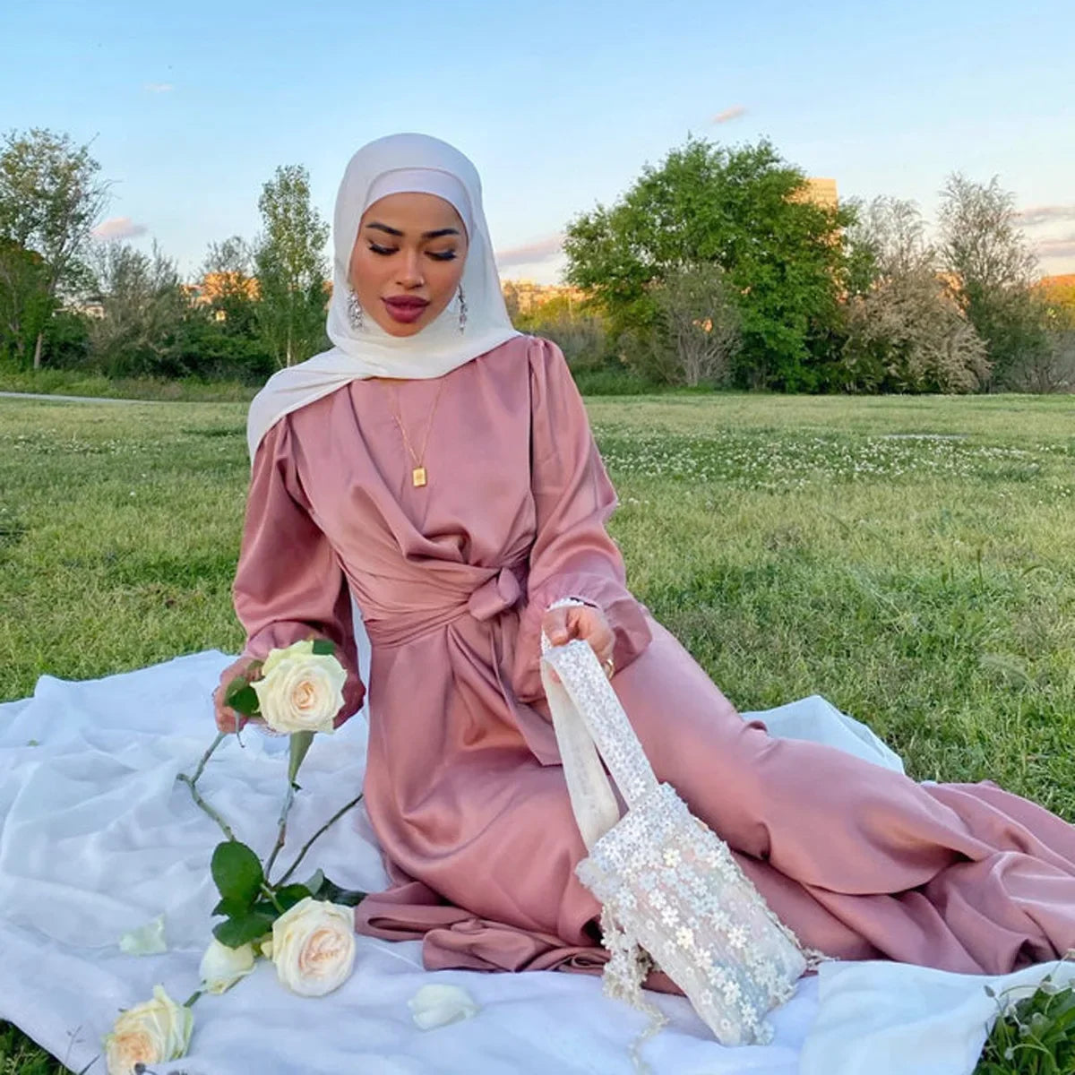 Summer Satin Abaya Hijab Muslim Wrap Dress Eid Mubarak African Dresses for Women Dubai Abayas Turkey Islamic Modest Kaftan Robe