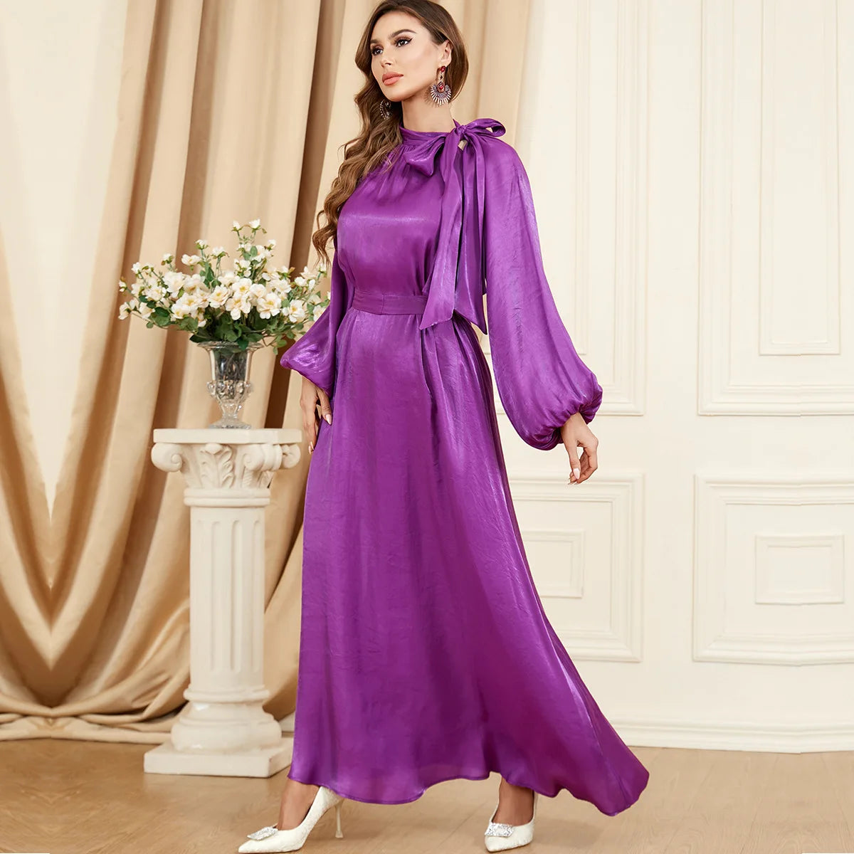 Bow Tie Neck Chic Eid Full Cover Ramadan Gown Puff Sleeve Morocco Muslim Dress Women Abaya Casual Islam Long Robe Femme Vestidos