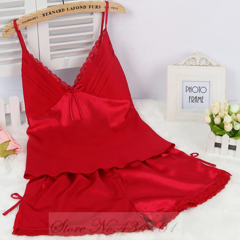 PLUS SIZE Suspender Pajamas Set Sleepwear Sexy Lace Bow Cami Shorts Pijamas Suit Lingerie Summer New Female Silky Satin Homewear