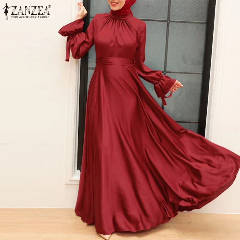 ZANZEA Elegant Satin Long Dresses Women Muslim Fashion Cinched Waist Hijab Islamic Abaya Robes 2024 Autumn Long Sleeve Vestidos