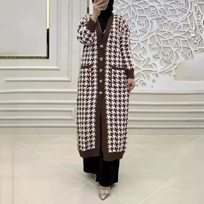 Muslim Women Knitted Coats Sweater Jacket Abaya Plaid Print Pockets Ramadan Modest Sweaters Morocco Dubai Casual Long Cardigan