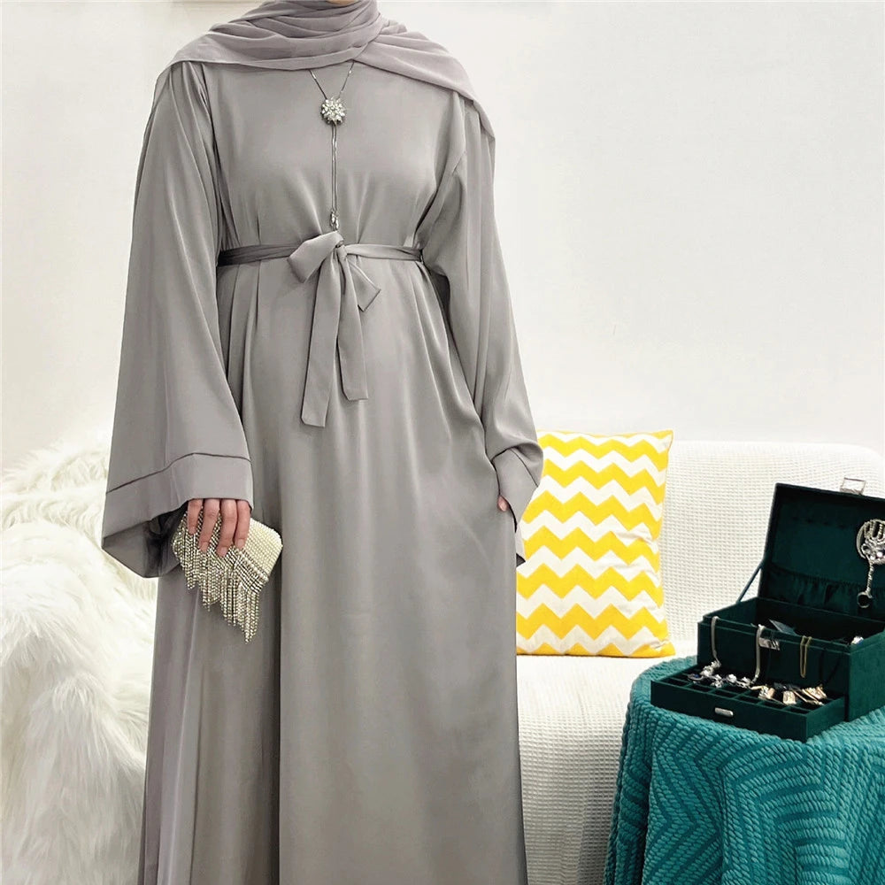 Eid Mubarak Satin Abaya Elegant Women Muslim Ramadan Long Maxi Dress Turkey Arabic Dubai Jalabiya Islamic Clothing Robe Vestidos