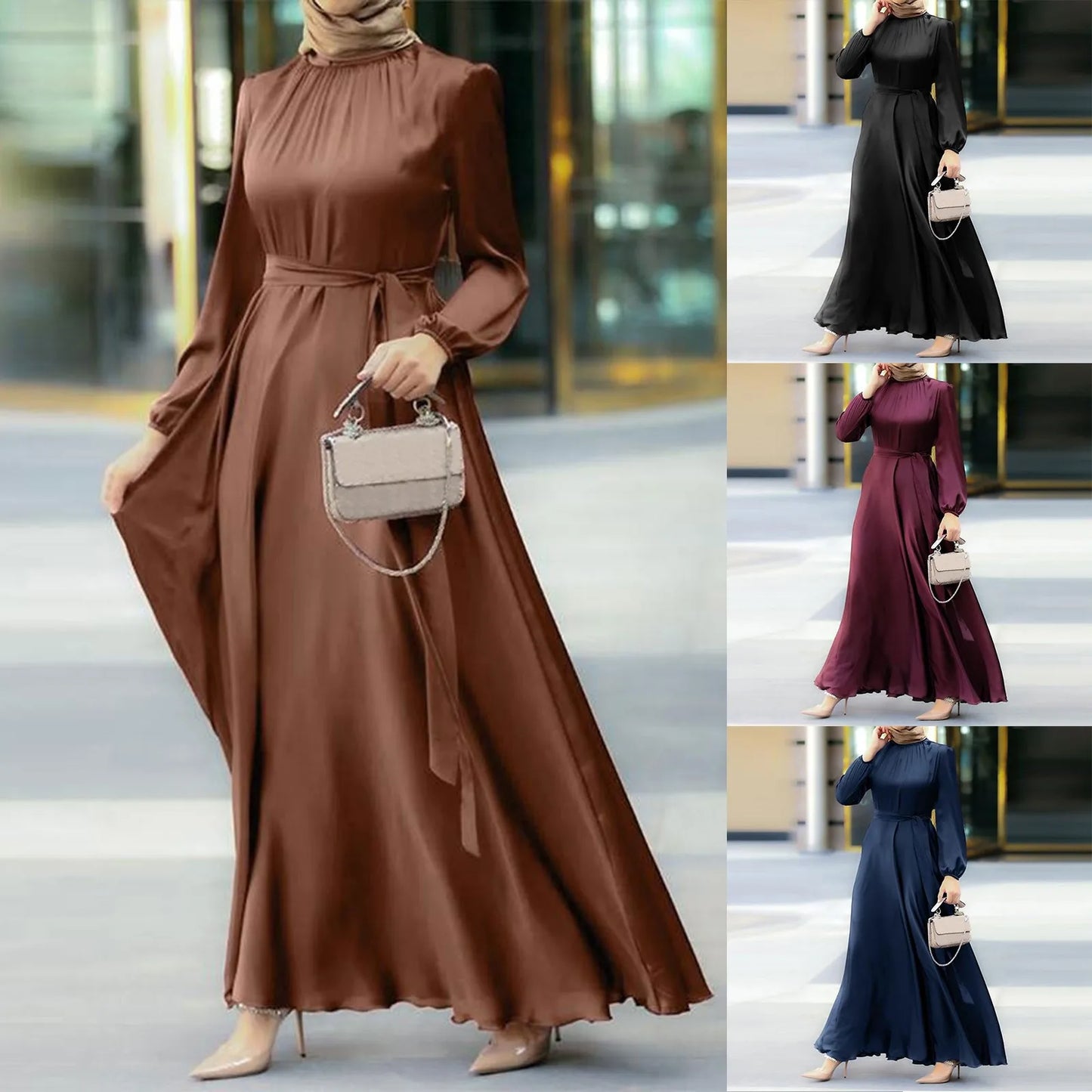 Women'S Muslim Party Solid Satin Maxi Dress 2024 Summer Chic Elegant Puff Sleeve Robe Casual Holiday Swing Kaftan Ol Dubai Abaya