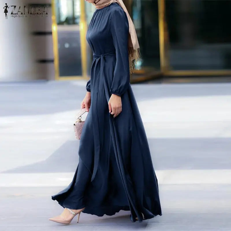 Fashion Muslim Dress Women Satin Party Sundress ZANZEA Puff Sleeve Maxi Vestidos Belted Female Solid Marocain Turkish Robe Femme