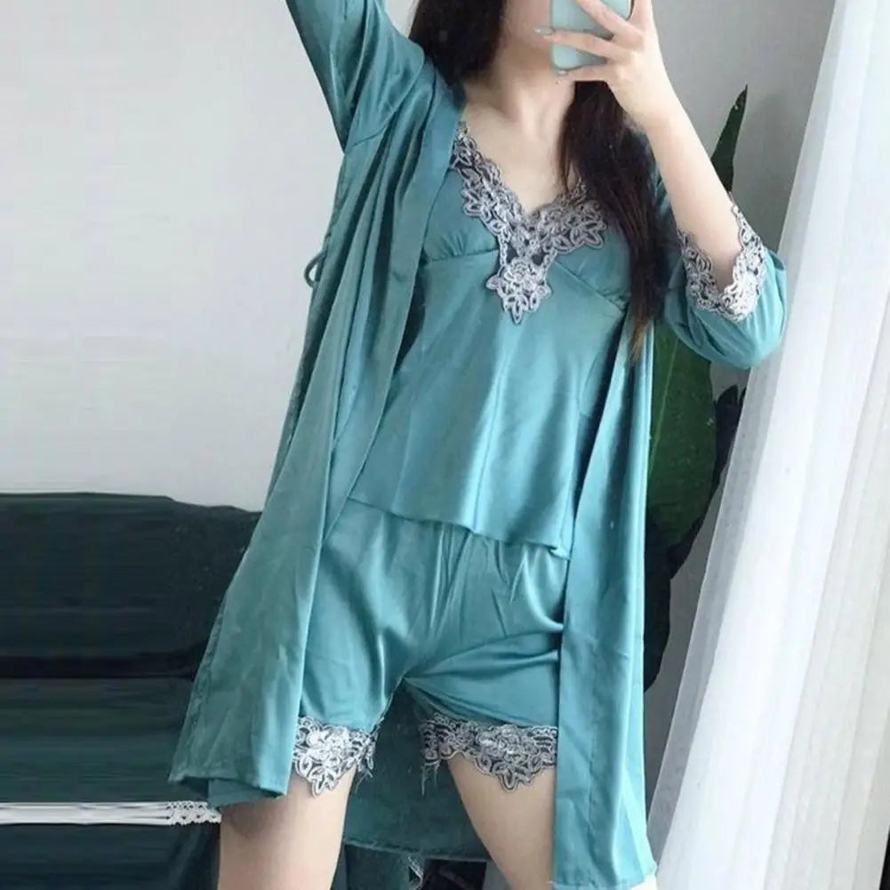 5 Pcs/Set Women Pajamas Suit Nightgown Nightdress Top Shorts Pants Set Silky Satin Lace Patchwork Loose Thin Women Sleepwear Set