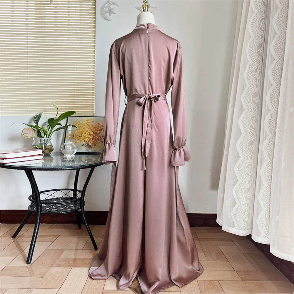 2024 New Eid Modest Satin Khimar Abaya Dubai Luxury Muslim Islam Arabic Abayas For Women Kaftan Hijab Dress Robe Femme Musulmane