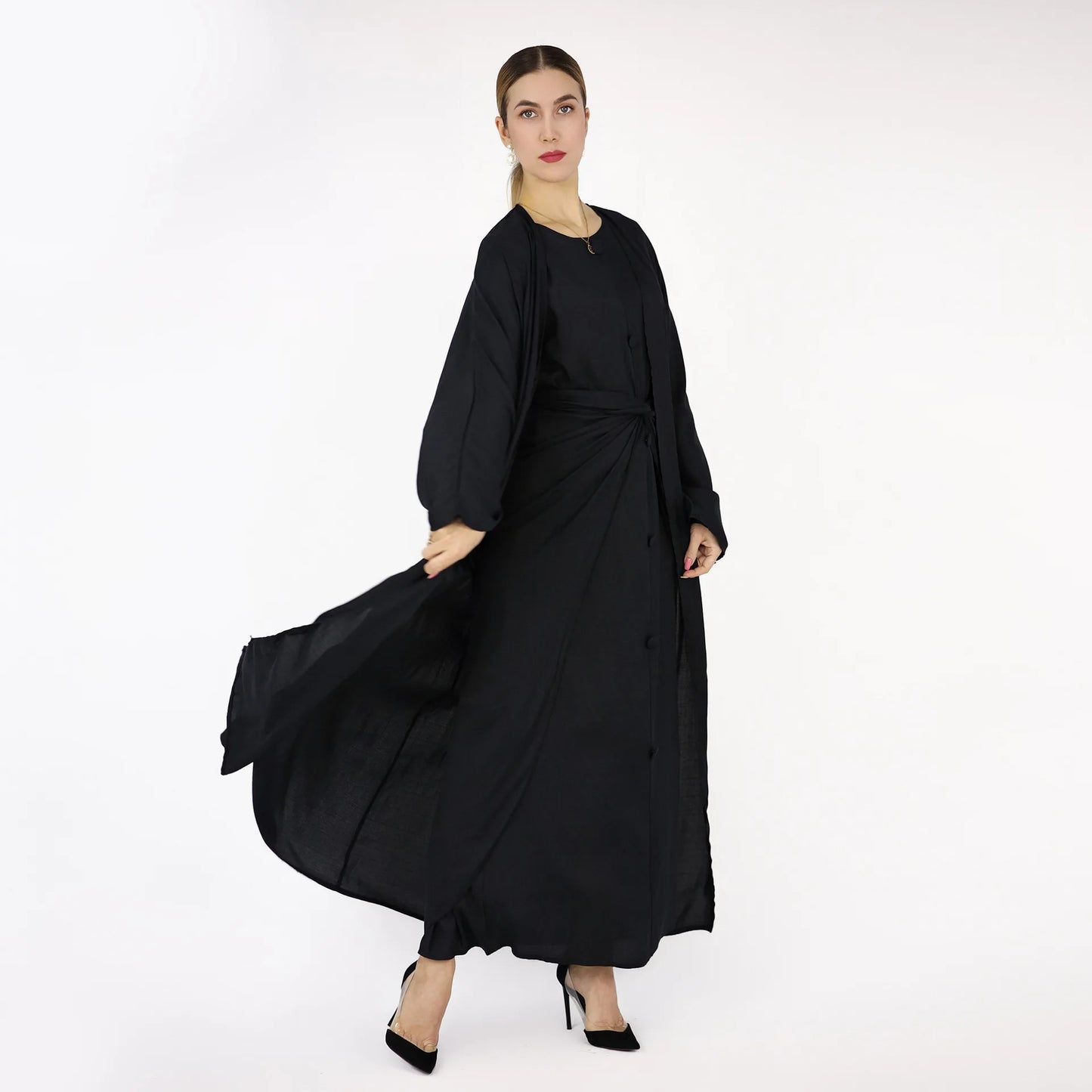 Fashion Muslim Kimono Abaya Cardigan Ramadan Dubai Turkey Eid Dress Islamic Loose Comfortable Solid Three Piece Set for Women