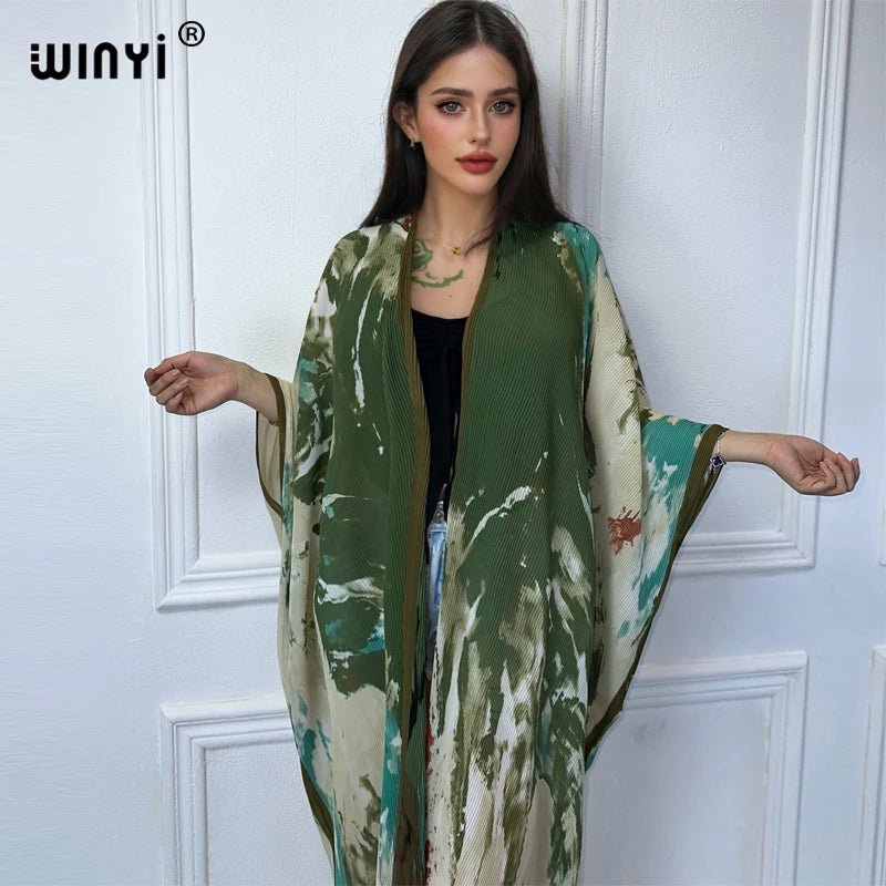 WINYI summer outfit kimono Pleated Tie-dyed print cardigan Beach Wear abaya dubai luxury Holiday beach maxi dress fashion coat