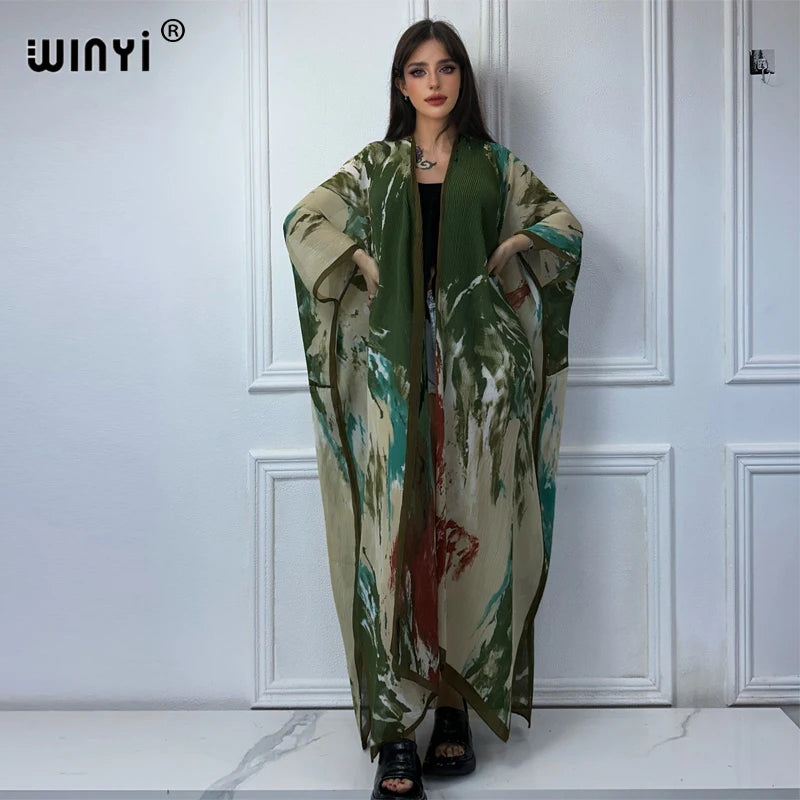 WINYI summer outfit kimono Pleated Tie-dyed print cardigan Beach Wear abaya dubai luxury Holiday beach maxi dress fashion coat