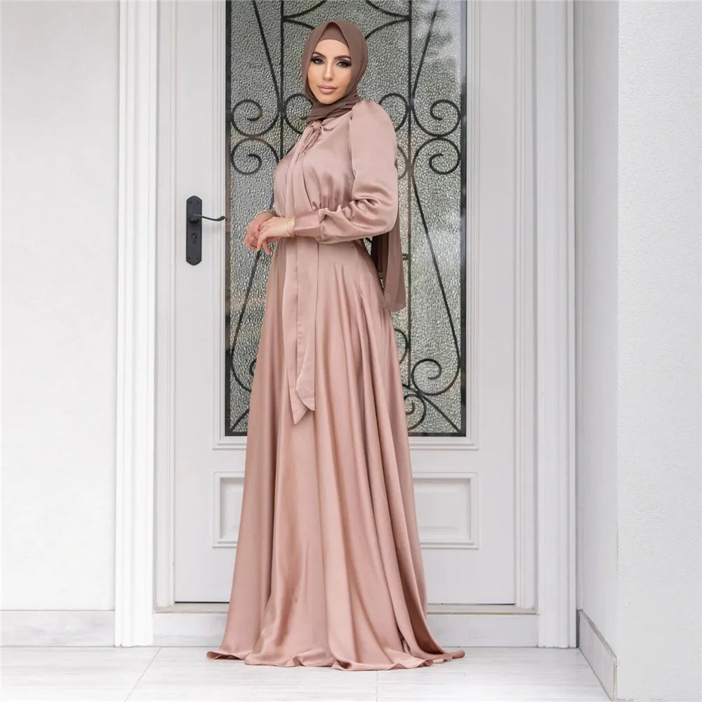 Eid Ramadan Dubai Muslim Turkish Satin Abaya Jalabiya Women Moroccan Caftan Party Maxi Dress Arab Kaftan Ribbon Robe Gown Abayas