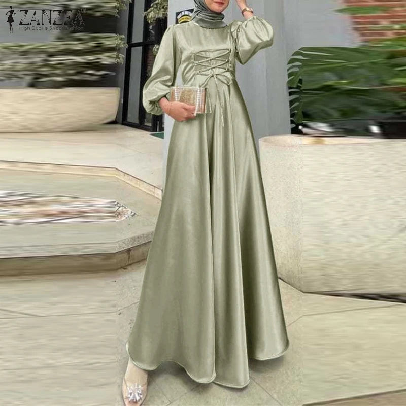 ZANZEA Elegant Women Dress Autumn Abaya Hijab Islamic Clothing Muslim Maxi Dresses Fashion Long Sleeve Lace Up Satin Sundress