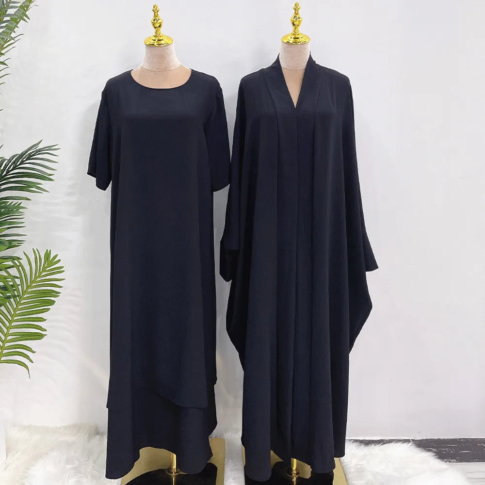 Fashion Muslim Kimono Abaya Cardigan Ramadan Dress Sets for Women Dubai Turkey Eid Islamic Comfortable Two Piece Sets