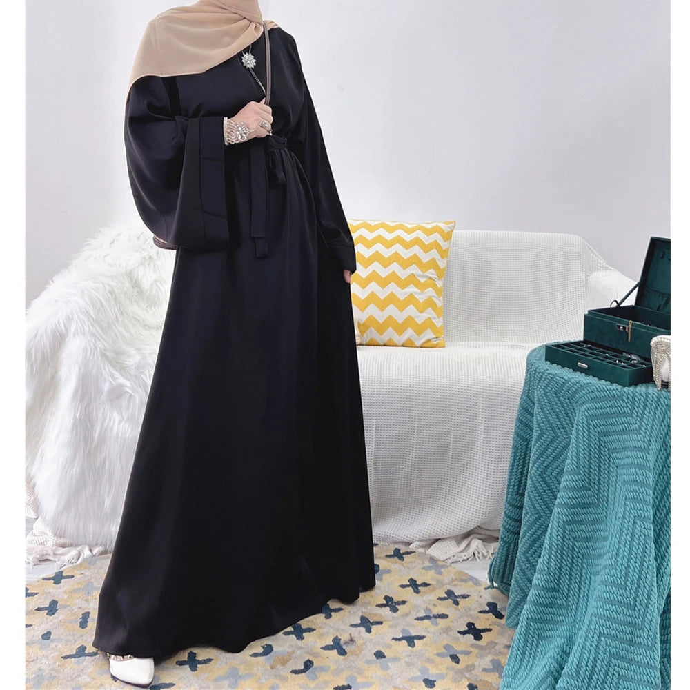 Eid Mubarak Satin Abaya Elegant Women Muslim Ramadan Long Maxi Dress Turkey Arabic Dubai Jalabiya Islamic Clothing Robe Vestidos