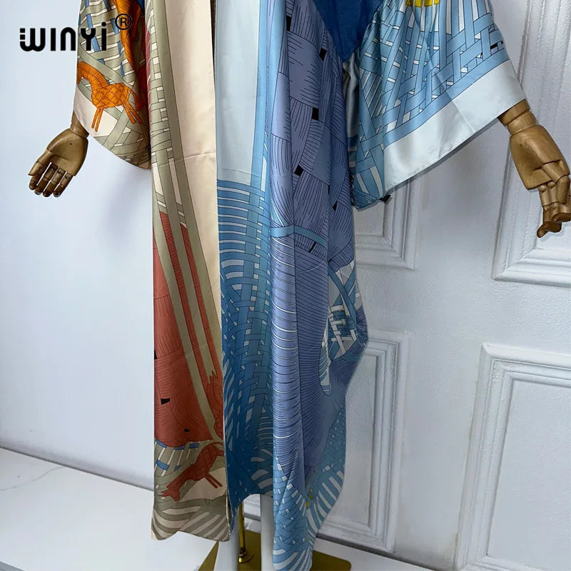 WINYI summer Denim patchwork printed cardigan for women OverCoat elegant kimono long down coat kimono maxi dress open abaya