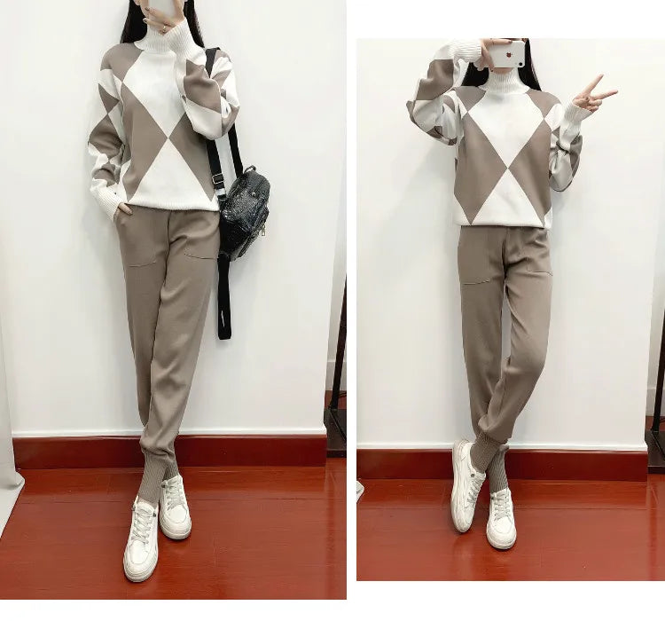 Winter Women Knitted 2 Pieces Set Muslim Casual Thicken Pullover Sweater Top +Knitted Pant 2PCS Suits Warm Set outfit Abaya 2024