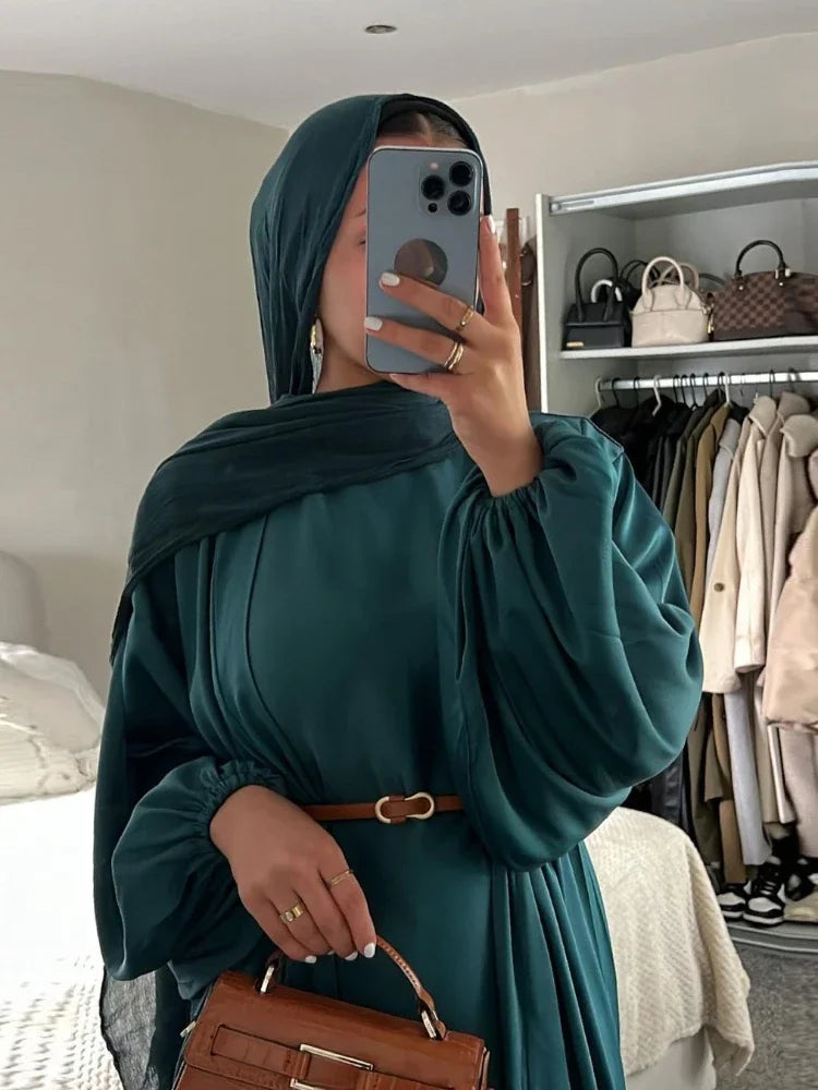 Eid Muslim Jalabiya Dress for Women Satin Abaya 2 Piece Set Ramadan Long Dresses Abayas Woman Belt Robe Caftan Vestidos Largos