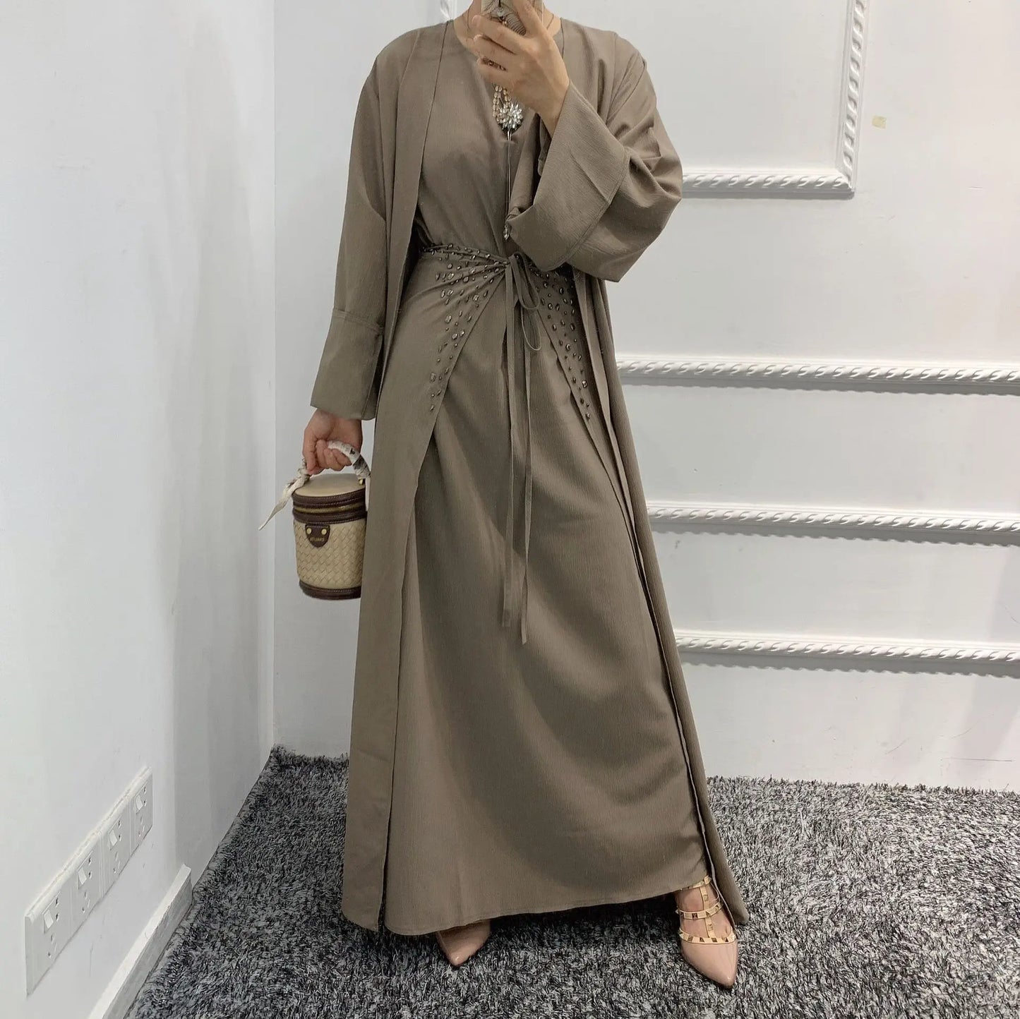 Fashion Muslim Kimono Abaya Cardigan Ramadan Dubai Turkey Eid Dress Sets for Women Islamic 2 Piece Sets Womens Outfits