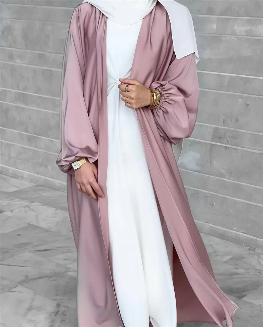 Satin Open Abaya Kimono Turkey BubbleSleeve Plain Abayas for Women Dubai 2023 Muslim Dress Islam Modest Outfit Kaftan Hijab Robe