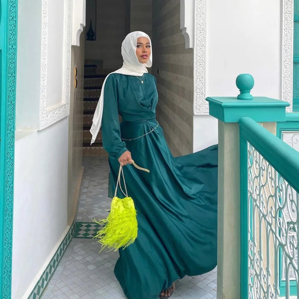 Eid Muslim Solid Color Robe Ankle Dress Abaya Women Party Dresses Ramadan Abayas Caftan Kaftan Elegant Vestidos Jalabiya