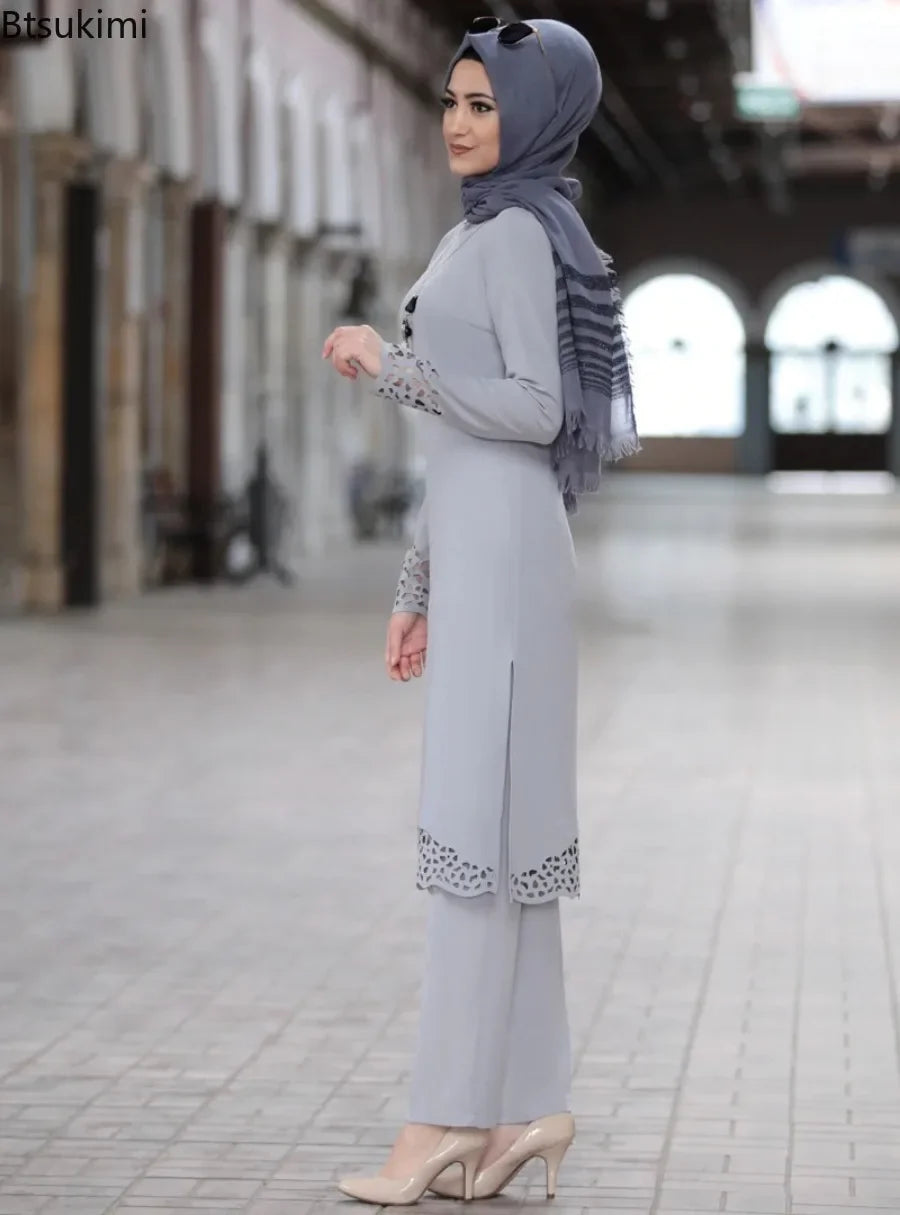 2025 Women Muslim Abaya Sets Fashion Hollow Out Long Sleeve Dreess and Pants Two Pieces Women Islamic Clothing Arab Dubai Kaftan