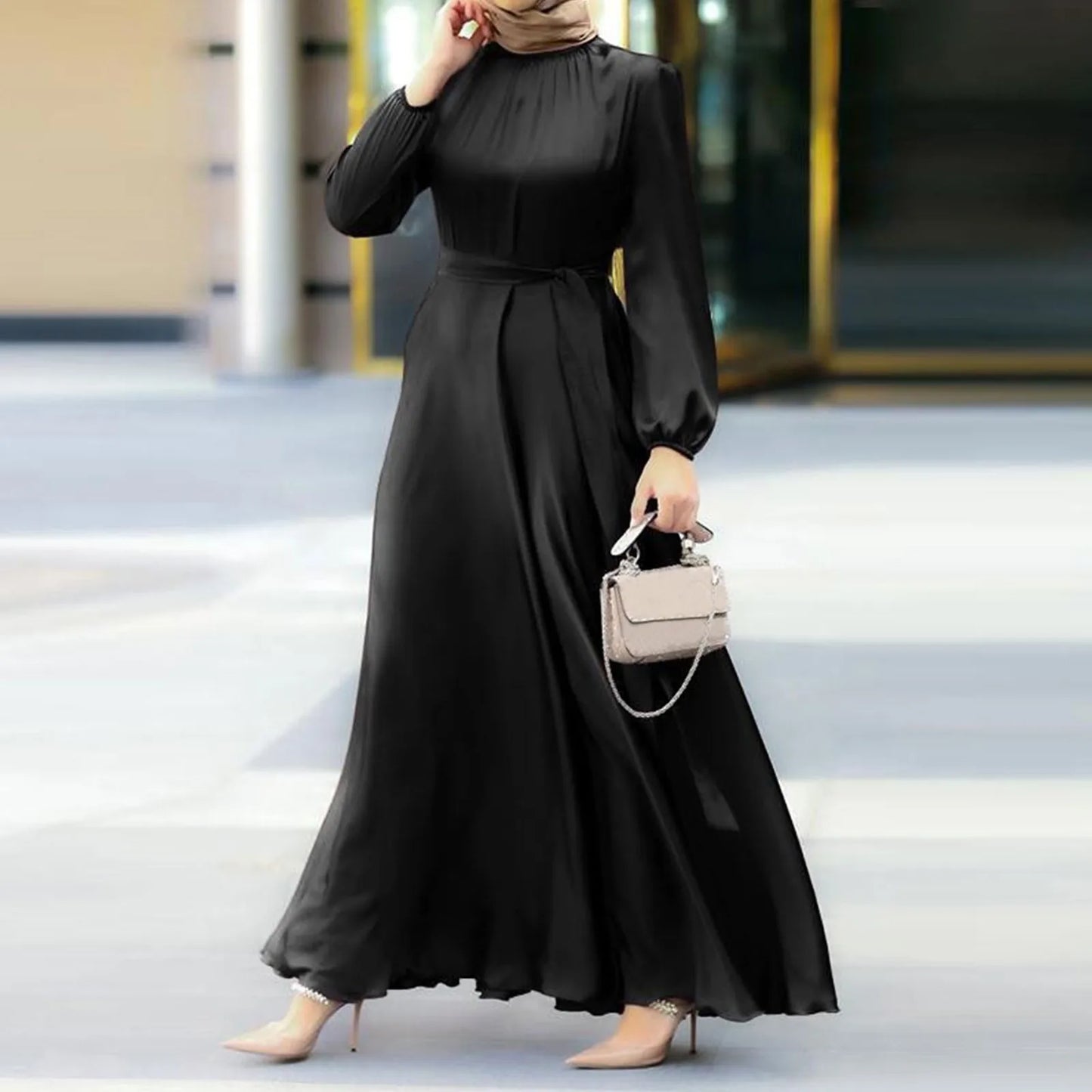 Women'S Muslim Party Solid Satin Maxi Dress 2024 Summer Chic Elegant Puff Sleeve Robe Casual Holiday Swing Kaftan Ol Dubai Abaya