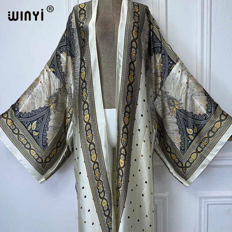 WINYI kimono boho print cardigan Women elegant Maxi sexy beach outfits kaftan dresses womens cover-ups africa clothing abaya